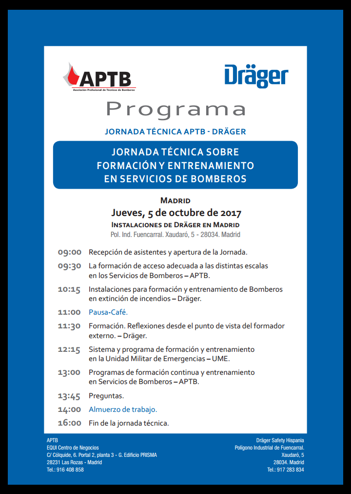 Jornada de #APTB y #Dräger sobre Formación y Entrenamiento en Servicios de #Bomberos, 5 de octubre en Madrid