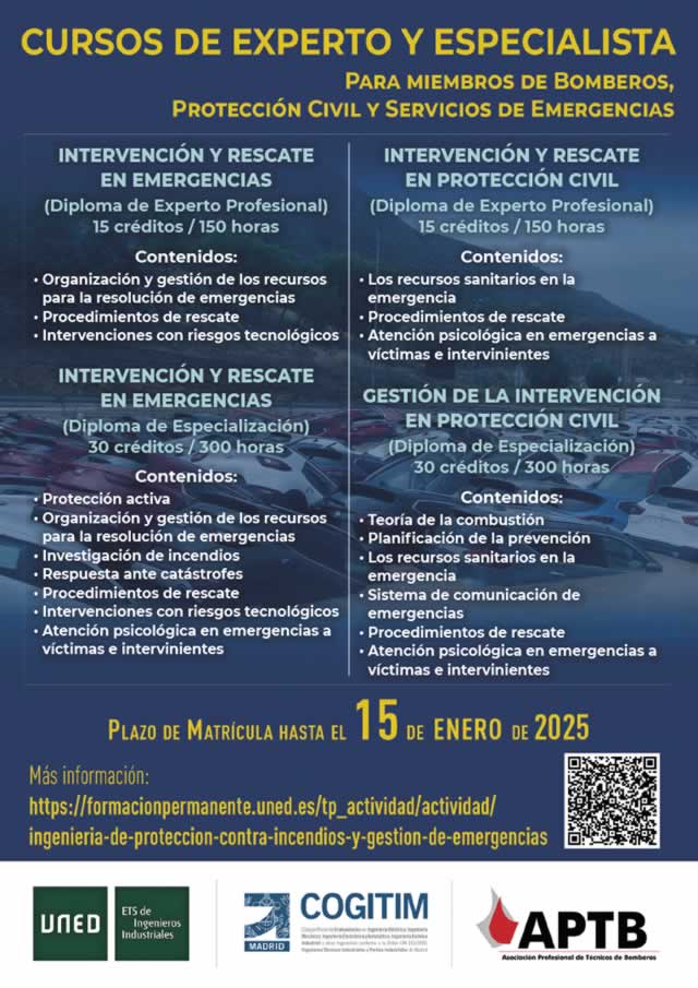 Abierta la inscripción en la @UNED, hasta el 15 de enero, de los cursos de Experto y Especialista para #Bomberos, Protección Civil #ProteccionCivil y Servicios de #Emergencias